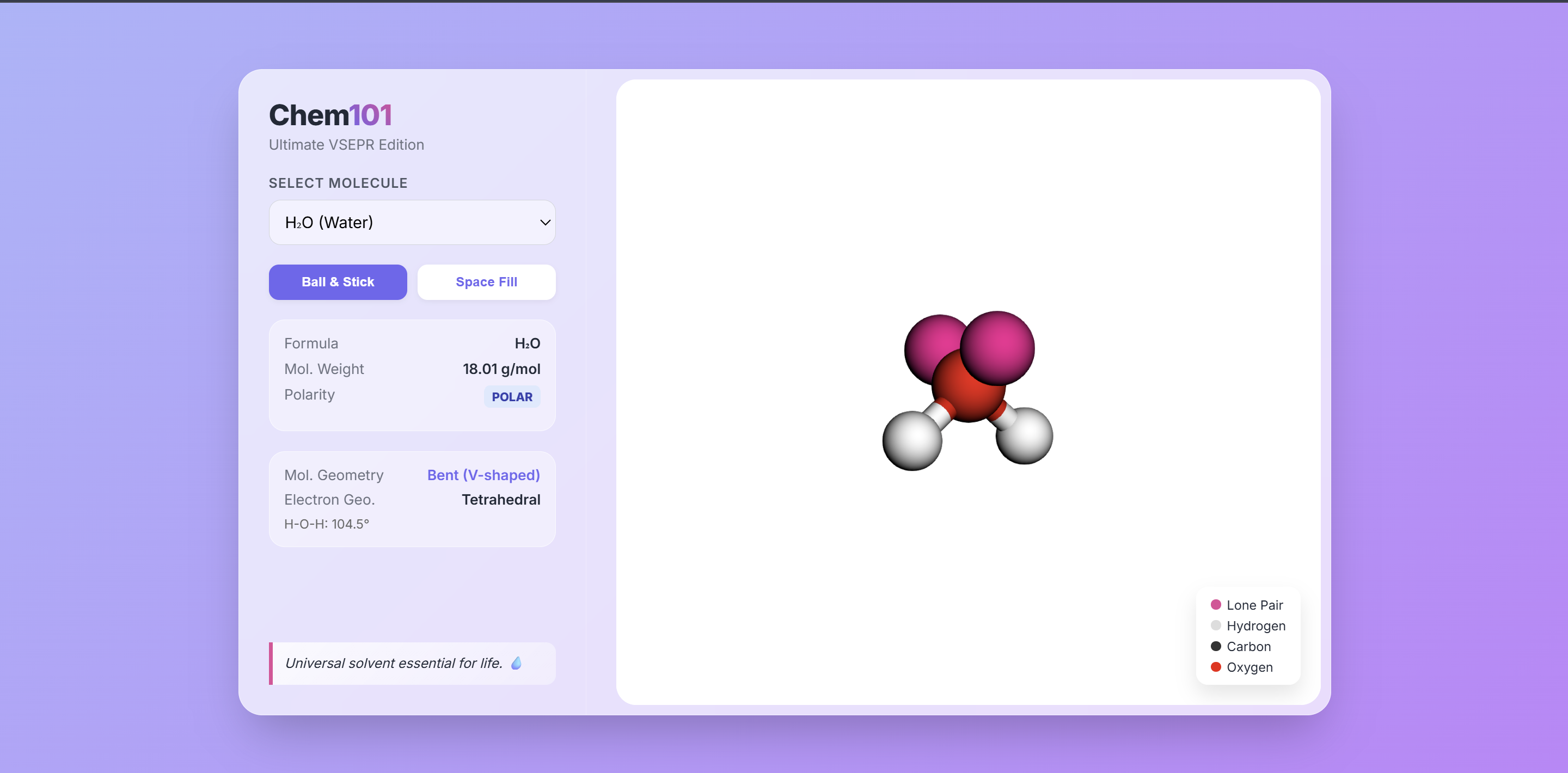 Chem101 Visualizer showing a 3D molecule with VSEPR geometry